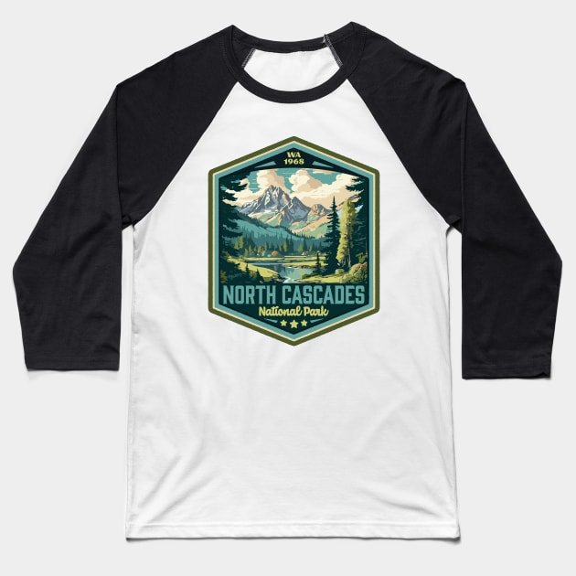 North Cascades National Park Vintage WPA Style Outdoor Badge Baseball T-Shirt by GIANTSTEPDESIGN